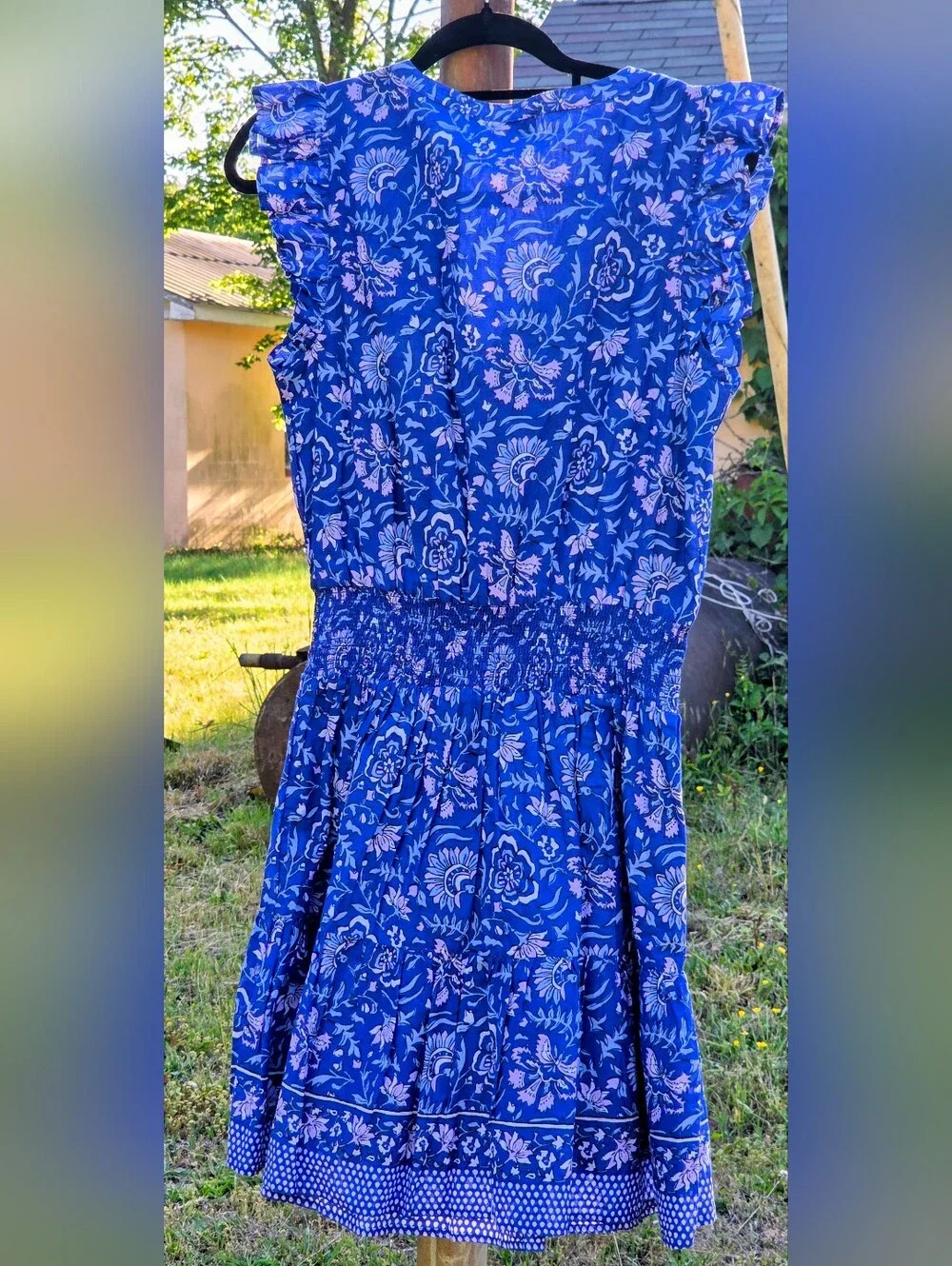 Vineyard Vines Floral Ruffle Sleeves Tie-Neck Smocked Waist Mini Dress S_5